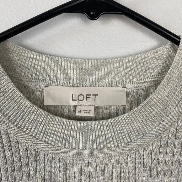 Loft Shimmer Puff‎ Sleeve Sweater Gray Ribbed Crewneck Pullover Size Medium - Picture 4 of 8